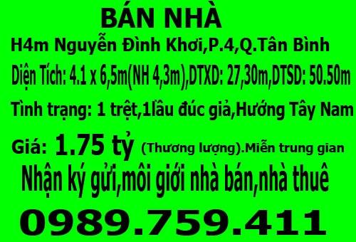 Cần bán gấp nhà Nguyễn Đình Khơi,P.4,Q.Tân Bình giá 1,75 tỷ