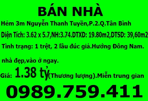 Cần bán hẻm Nguyễn Thanh Tuyền,P.2,Q.Tân Bình giá: 1.38 tỷ